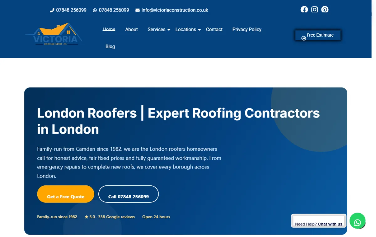 Victoria Roofing homepage on desktop