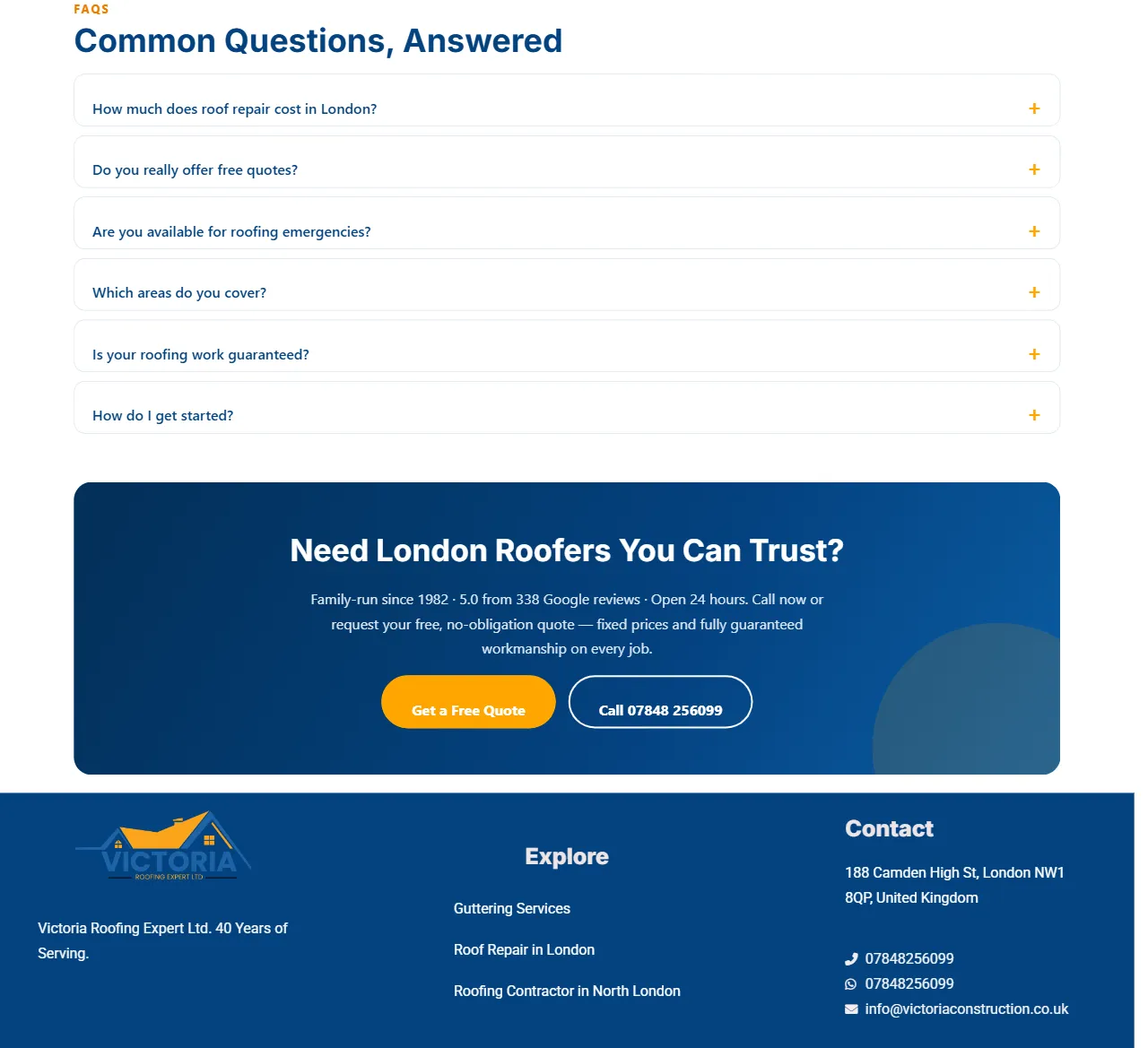 FAQ accordion, closing call to action and footer