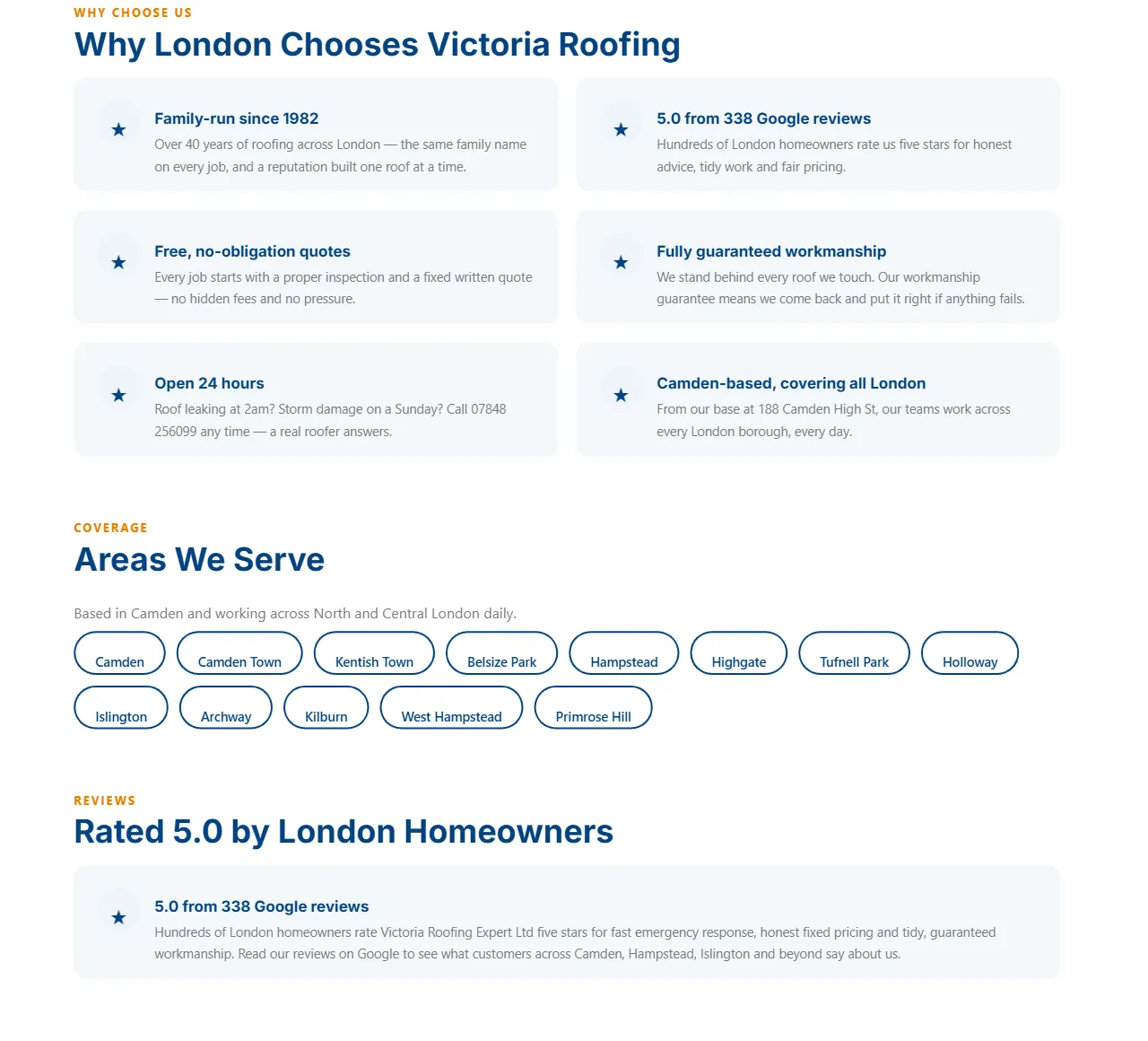 Why choose us, areas we serve and reviews sections