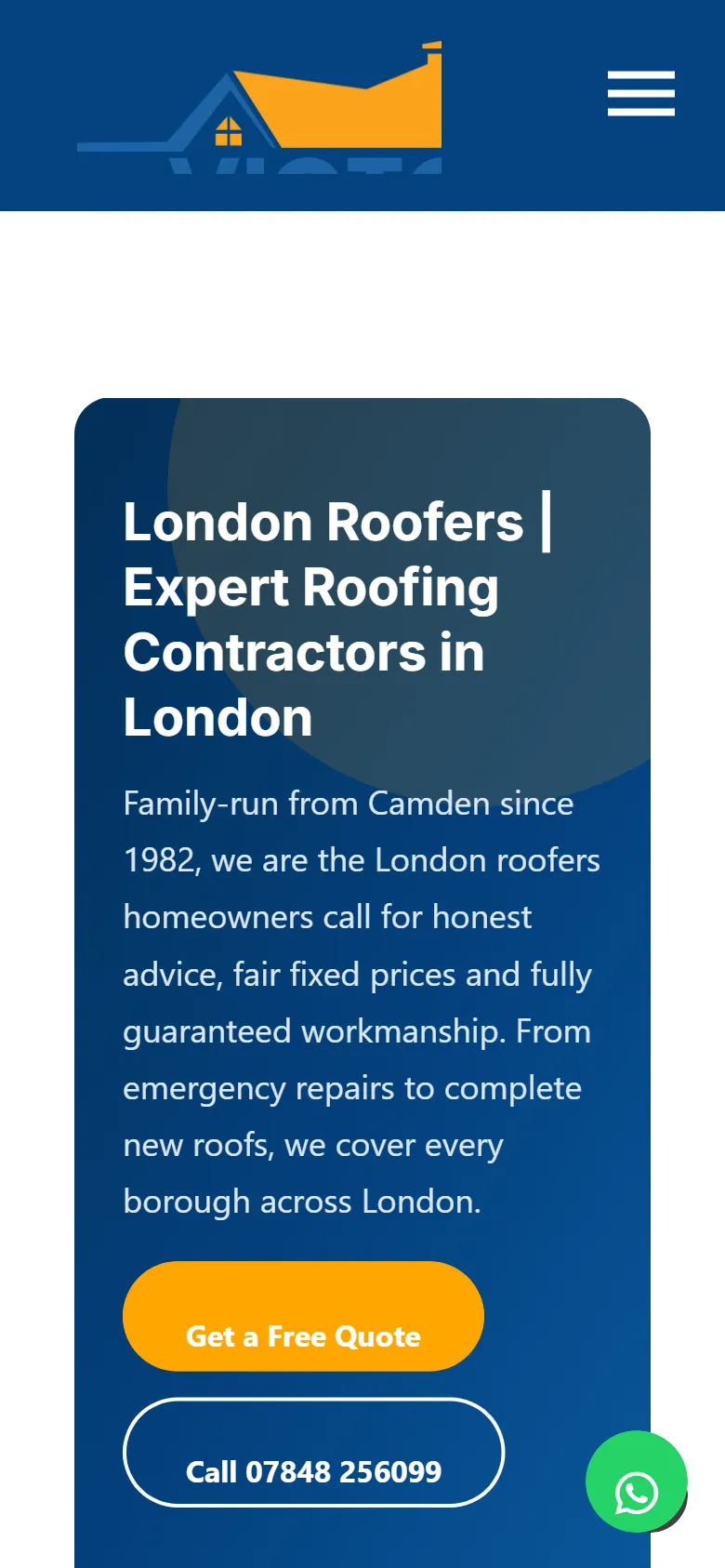 Victoria Roofing homepage on a mobile phone