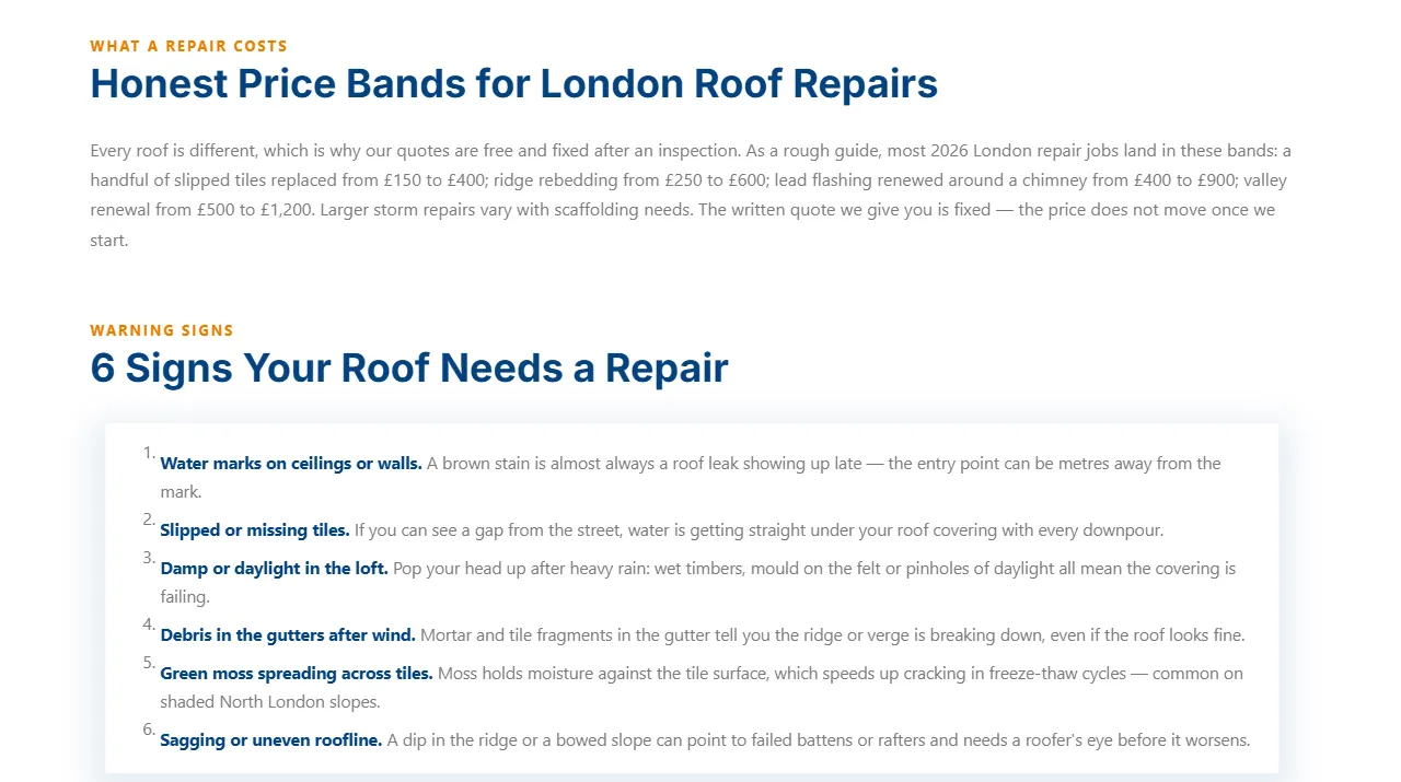 Price bands and warning signs on the roof repair page